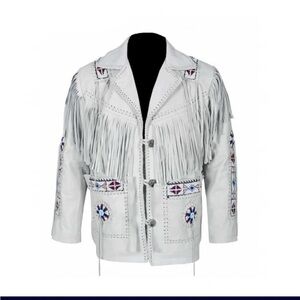 Private Label White Leather Fringe Jacket with Beaded Accents